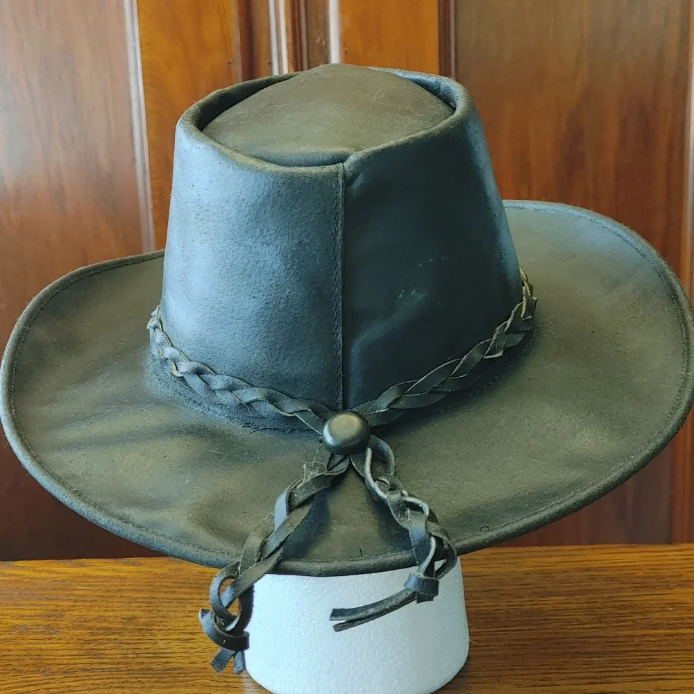 VINTAGE Black Leather Cowboy Hat US size M (abt 7-1/8 - 7-1/4) HANDMADE EC